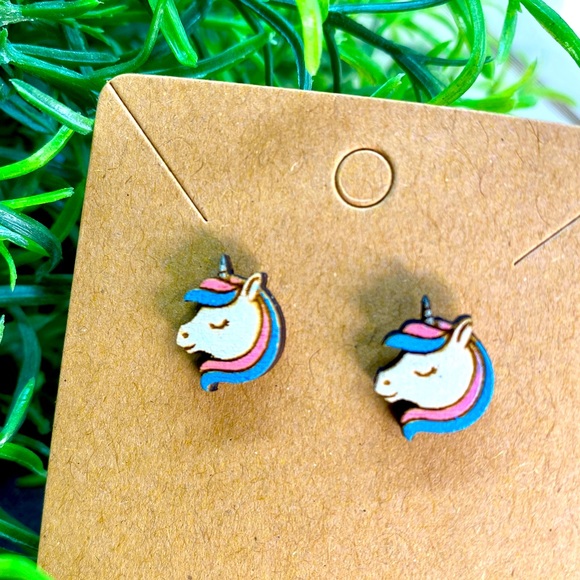 Hand Painted Unicorn Wood Stud Earrings - Picture 1 of 1